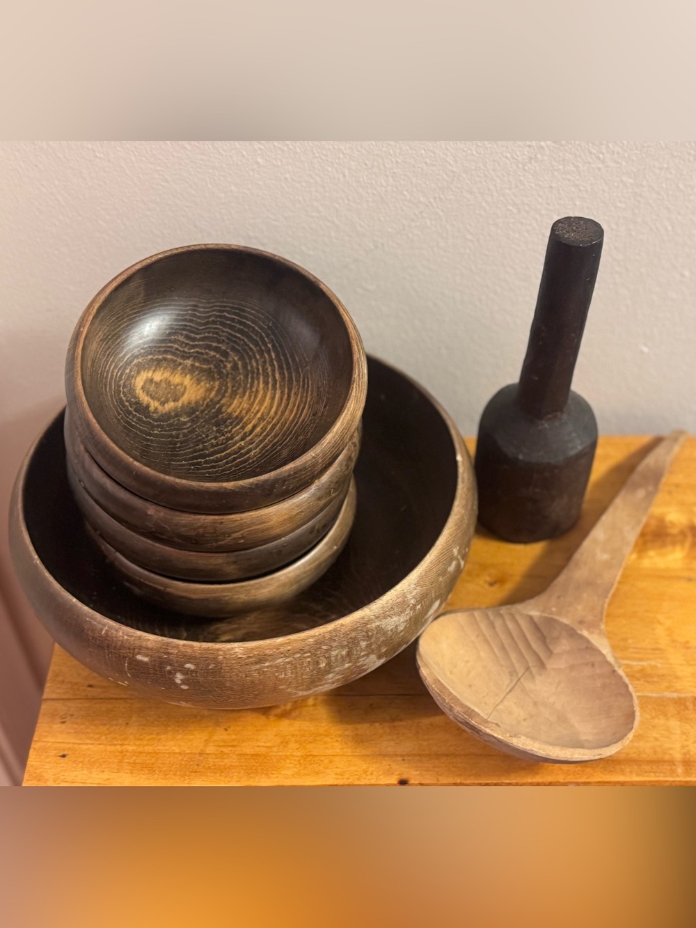 Vintage Wooden Salad Bowl Set with Primitive Butter Scoop & Pestle - 7 Pc